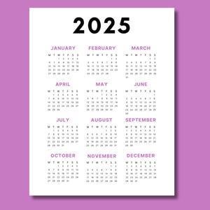 2025 Calendar | Single page | Full year calendar | Desk calendar | wall calendar | 2025 Calendar poster | 2025 planner | PDF | PNG