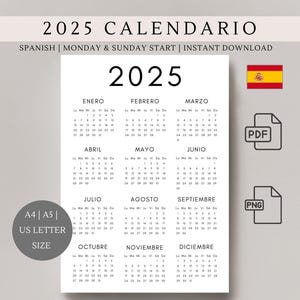 Calendario 2025 Español / Calendario español 2025 / Página única / Calendario anual / Calendario de escritorio / Calendario de pared / SVG / PNG / PDF