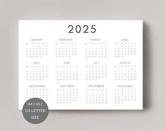 2025 Calendar |  Single page | 2025 planner | Yearly calendar | 2025 wall calendar | printable 2025 calendar | Landscape calendar