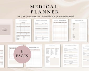 Medical  Planner Bundle with Medication log, Doctor Visits, Mood tracker and Blood pressure log