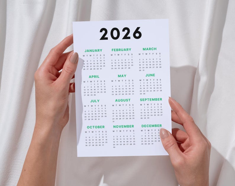 2026 Calendar | Single page | Sunday start | Monday start | Desk calendar | wall calendar | printable calendar | 2026 planner | printable planner | calendar template | calendar digital | digital planner | calendar 2026 | Instant download | 2026 year calendar | full year calendar | minimal calendar |  aesthetic calendar |  2026 calendar poster | yearly calendar | advent calendar | PDF | journal calendar | green calendar | homeschool planner