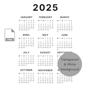 2025 カレンダー PNG | 昇華 | 透明な背景 | 即時ダウンロード | 2025 プランナー | 年間カレンダー