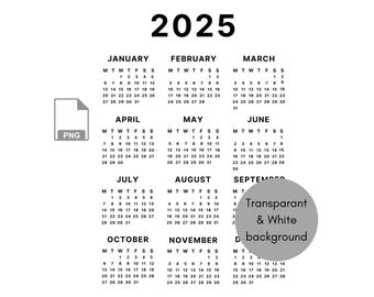 2025 Calendar PNG | Sublimation | Transparant background | Instant download | 2025 planner | yearly calendar