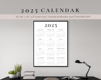 May include: A black and white printable calendar for the year 2025. The calendar is formatted with a grid of 12 months, each month displayed in a separate box. The calendar is designed to start with Sunday and Monday.