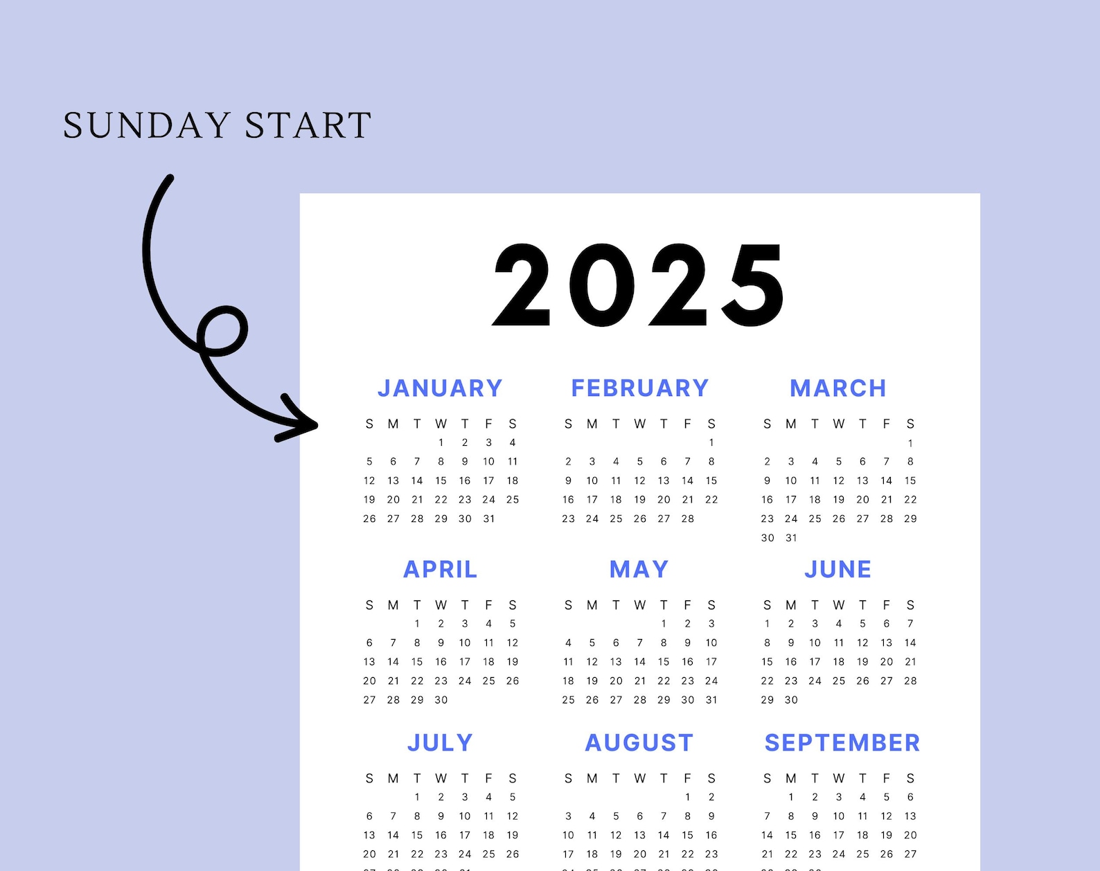 2025 Calendar | Single Page | Yearly Calendar | Desk Calendar | Wall ...