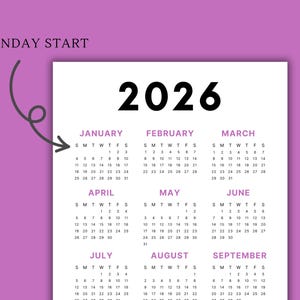 2026 Calendar | Single page | Sunday start | Monday start | Desk calendar | wall calendar | printable calendar | 2026 planner | printable planner | calendar template | calendar digital | digital planner | calendar 2026 | Instant download | 2026 year calendar | full year calendar | minimal calendar |  aesthetic calendar |  2026 calendar poster | yearly calendar | advent calendar | PDF | Purple calendar | journal calendar