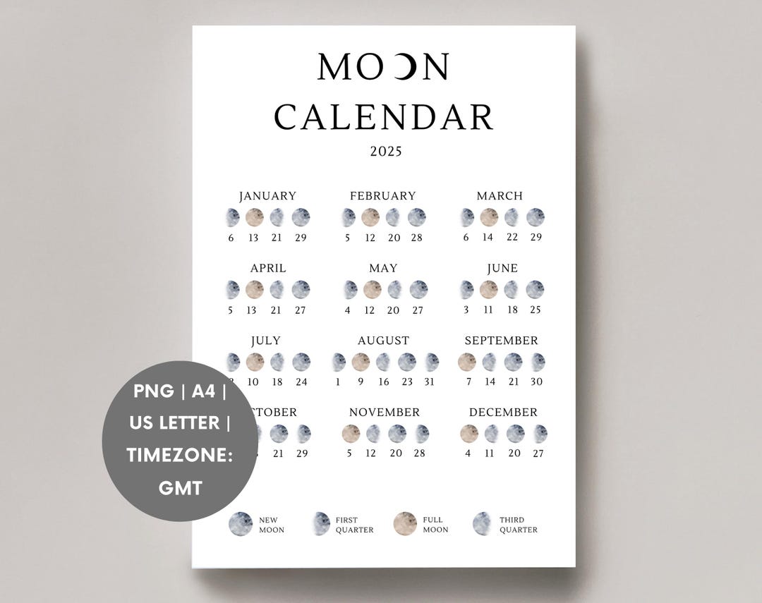 Moon Calendar 2025 | Lunar Calendar | Moon Phase Calendar | Printable ...