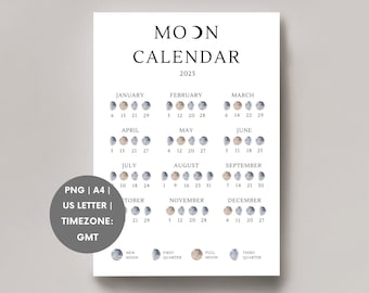 May include: A printable 2025 moon calendar with watercolor illustrations of the moon phases. The calendar includes the dates of the new moon, first quarter, full moon, and third quarter. The calendar is labeled with the time zone GMT. The calendar is available in PNG and US Letter sizes.
