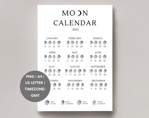 Moon Calendar 2025 | Lunar Calendar | Moon Phase Calendar