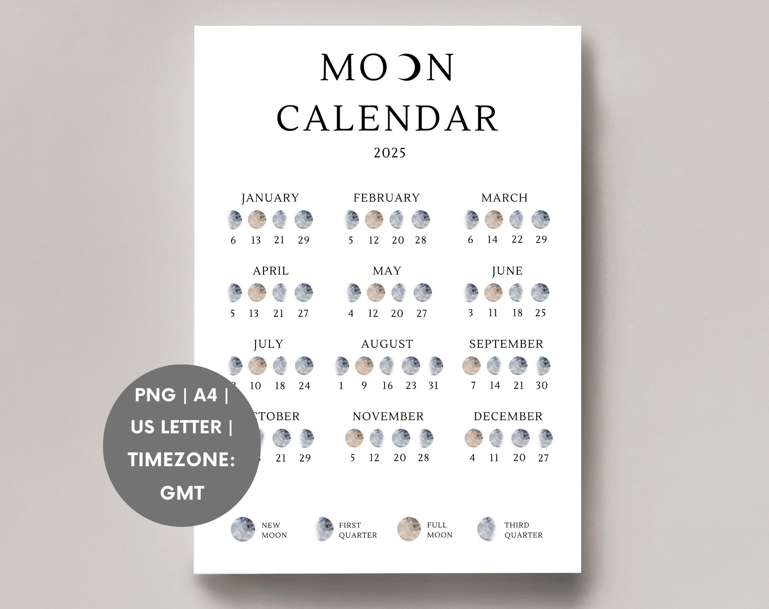 Moon Calendar 2025 | Lunar Calendar | Moon Phase Calendar