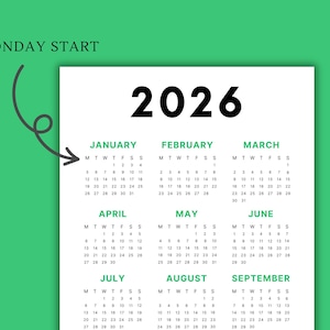 2026 Calendar | Single page | Sunday start | Monday start | Desk calendar | wall calendar | printable calendar | 2026 planner | printable planner | calendar template | calendar digital | digital planner | calendar 2026 | Instant download | 2026 year calendar | full year calendar | minimal calendar |  aesthetic calendar |  2026 calendar poster | yearly calendar | advent calendar | PDF | journal calendar | green calendar | homeschool planner