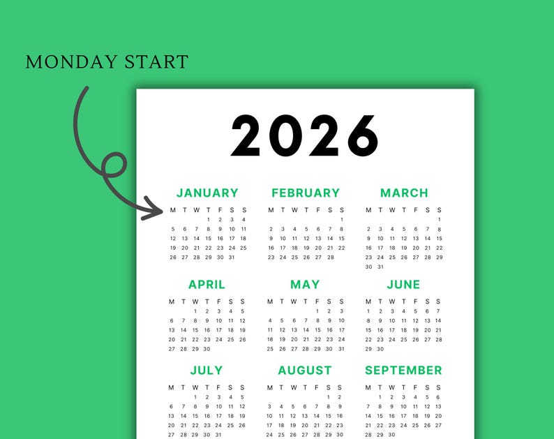 2026 Calendar | Single page | Sunday start | Monday start | Desk calendar | wall calendar | printable calendar | 2026 planner | printable planner | calendar template | calendar digital | digital planner | calendar 2026 | Instant download | 2026 year calendar | full year calendar | minimal calendar |  aesthetic calendar |  2026 calendar poster | yearly calendar | advent calendar | PDF | journal calendar | green calendar | homeschool planner