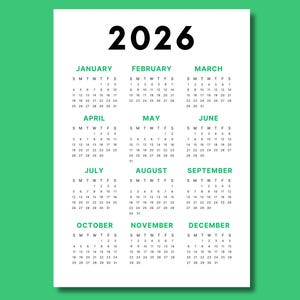 Puede incluir: Calendario de 2026 sobre fondo blanco con borde verde. El año 2026 está en negrita negra en la parte superior. Los meses están en verde, con los días de la semana y las fechas en negro.