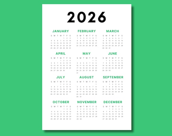 2026 Green Calendar | Single page | Full year calendar | Desk calendar | wall calendar | 2026 Calendar poster | 2026 planner | PDF
