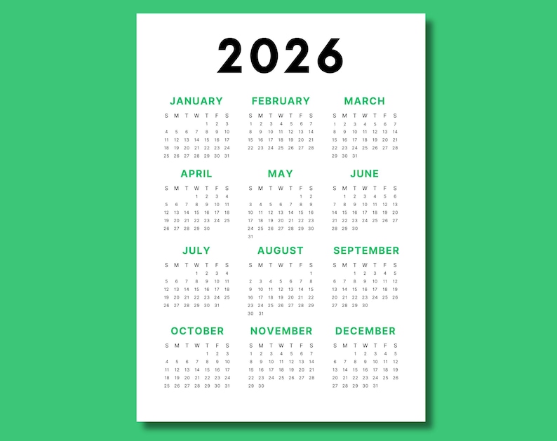 2026 Calendar | Single page | Sunday start | Monday start | Desk calendar | wall calendar | printable calendar | 2026 planner | printable planner | calendar template | calendar digital | digital planner | calendar 2026 | Instant download | 2026 year calendar | full year calendar | minimal calendar |  aesthetic calendar |  2026 calendar poster | yearly calendar | advent calendar | PDF | journal calendar | green calendar | homeschool planner