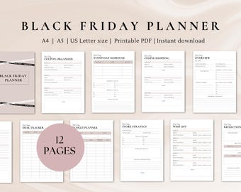 May include: A printable Black Friday planner with 12 pages. The planner includes sections for coupon organization, event day schedule, online shopping, deal tracker, budget planner, store strategy, wish list, and reflection.