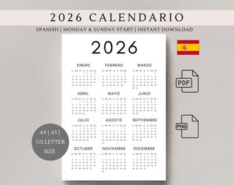 Calendario 2026 Español | 2026 Spanish calendar | Single page | Yearly calendar | Desk calendar | wall calendar | SVG | PNG | PDF
