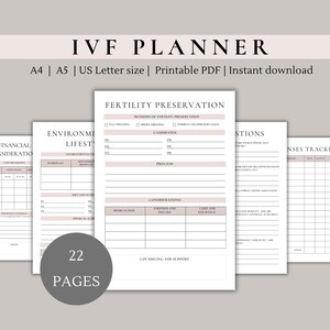 Pode incluir: Um planejador de FIV imprimível com 22 páginas. O planejador inclui seções para considerações financeiras, fatores ambientais e de estilo de vida, preservação da fertilidade, perguntas e um rastreador de despesas.