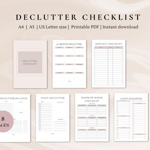 Könnte beinhalten: Druckbare Entrümpelungs-Checkliste mit 8 Seiten. Die Checkliste enthält Abschnitte für eine 12-monatige Entrümpelung, eine Ersatz-Checkliste, ein Entrümpelungsziel, eine tägliche Entrümpelung, eine Raum-für-Raum-Checkliste und eine 30-Tage-Herausforderung.