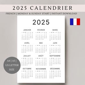 Calendrier 2025 en français | calendrier minimaliste | calendrier annuel | Single page | Printable planner | A4, A5, US Letter size