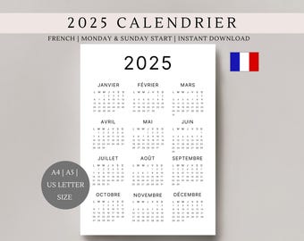 Calendrier 2025 en français | calendrier minimaliste | calendrier annuel | Single page | Printable planner | A4, A5, US Letter size