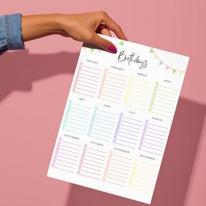 Calendário de aniversário | Rastreador de aniversário | Calendário para impressão | Calendário de aniversário colorido | Calendário de aniversário da família | A4, A5, Carta EUA