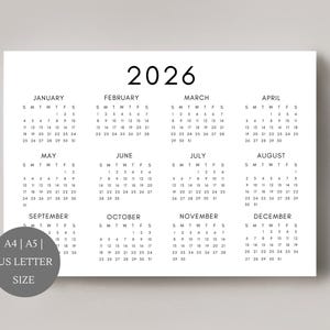 2026 Calendar |  Single page | 2026 planner | Yearly calendar | 2026 wall calendar | printable calendar | Landscape calendar
