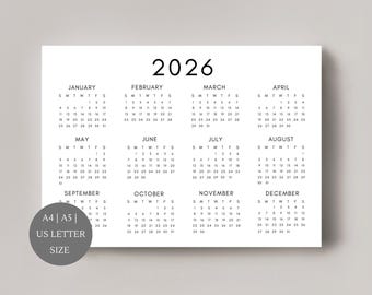 2026 Calendar |  Single page | 2026 planner | Yearly calendar | 2026 wall calendar | printable calendar | Landscape calendar