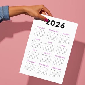2026 Calendar | Single page | Sunday start | Monday start | Desk calendar | wall calendar | printable calendar | 2026 planner | printable planner | calendar template | calendar digital | digital planner | calendar 2026 | Instant download | 2026 year calendar | full year calendar | minimal calendar |  aesthetic calendar |  2026 calendar poster | yearly calendar | advent calendar | PDF | Purple calendar | journal calendar