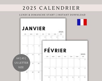 Calendrier 2025 en français | calendrier minimaliste | Printable planner | A4, A5, US Letter size