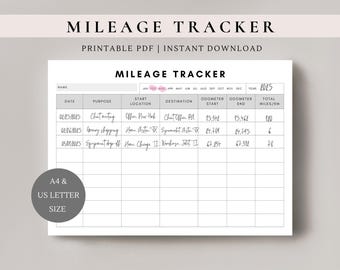 May include: A white printable mileage tracker with the title "MILEAGE TRACKER" at the top. The document includes fields for date, purpose, start and end locations, odometer readings, and total miles. The text "PRINTABLE PDF | INSTANT DOWNLOAD" is also visible.
