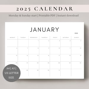 2025 monthly planner |  2025 Calendar | Sunday & Monday start |  Printable planner |  minimal calendar | 2025 planner