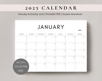 2025 monthly planner |  2025 Calendar | Sunday & Monday start |  Printable planner |  minimal calendar | 2025 planner