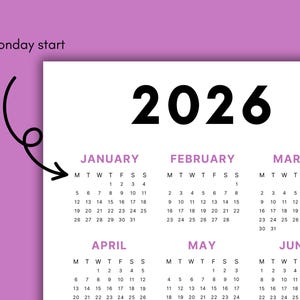 2026 Calendar | Single page | Sunday start | Monday start | Desk calendar | wall calendar | printable calendar | 2026 planner | printable planner | calendar template | calendar digital | digital planner | calendar 2026 | Instant download | 2026 year calendar | full year calendar | minimal calendar |  aesthetic calendar |  2026 calendar poster | yearly calendar | advent calendar | PDF | Purple calendar | journal calendar