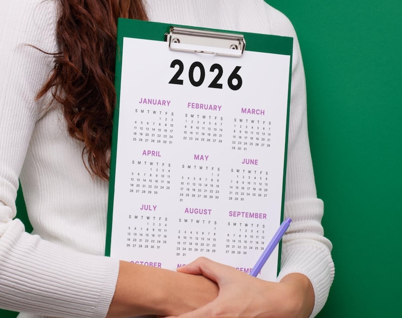 2026 Calendar | Single page | Sunday start | Monday start | Desk calendar | wall calendar | printable calendar | 2026 planner | printable planner | calendar template | calendar digital | digital planner | calendar 2026 | Instant download | 2026 year calendar | full year calendar | minimal calendar |  aesthetic calendar |  2026 calendar poster | yearly calendar | advent calendar | PDF | Purple calendar | journal calendar