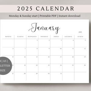 Calendario 2025 / Calendario mensual horizontal / Calendario anual / Calendario de escritorio / Calendario de pared / Planificador 2025 / Calendario imprimible