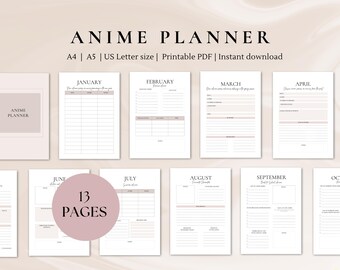 Puede incluir: Un planificador de anime imprimible de 13 páginas, con un diseño minimalista y un fondo rosa claro. El planificador incluye páginas mensuales de enero a octubre, con espacio para hacer un seguimiento de los animes vistos, listas de animes por ver y otras notas.