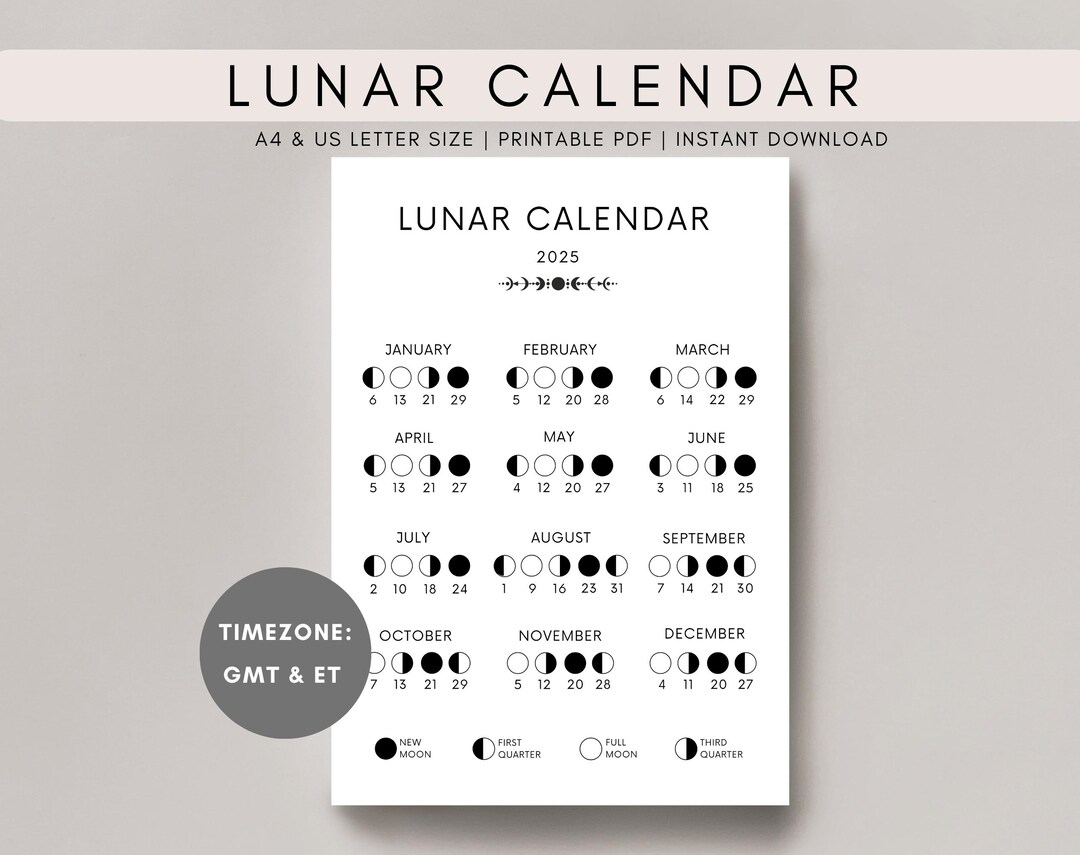 Lunar Calendar 2025 | Moon Calendar | Lunar Phase Calendar | Printable ...