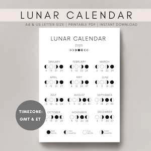 Calendario lunar 2025 / Calendario lunar / Calendario de fases lunares / Calendario lunar imprimible / Tamaño A4, A5, Carta de EE. UU.
