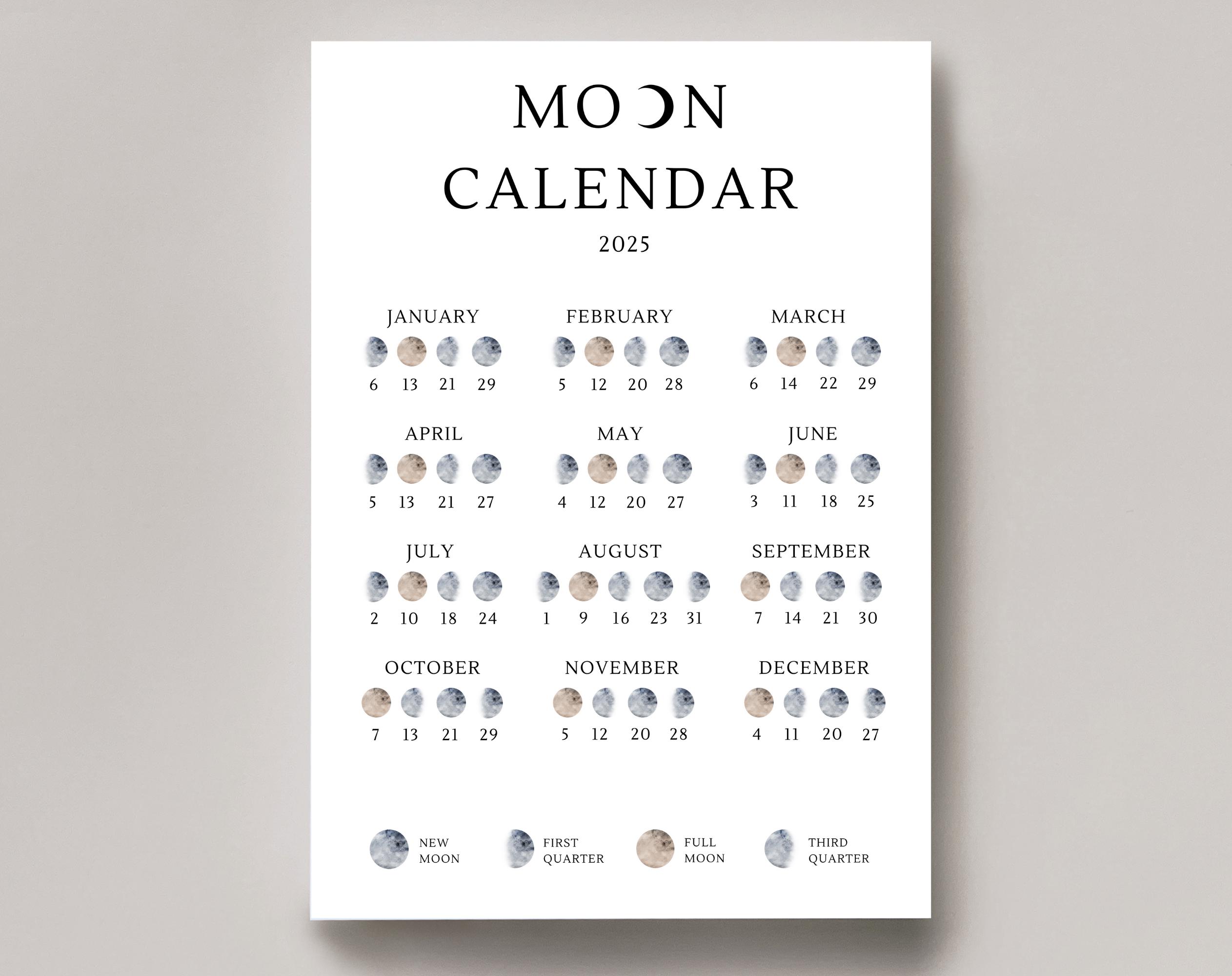 Moon Calendar 2025 | Lunar Calendar | Moon Phase Calendar | Printable ...