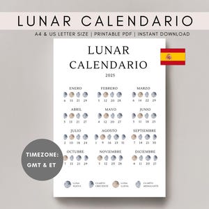 Puede incluir: Un calendario lunar imprimible para 2025 en español, con una ilustración de la fase lunar para cada día del mes. El calendario está diseñado para las zonas horarias GMT y ET.