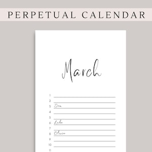 Calendario perpetuo / Calendario de cumpleaños / Seguimiento de cumpleaños / Calendario imprimible / Calendario de celebraciones / PDF / Tamaño A4, A5, Carta de EE. UU.