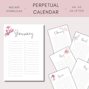 Perpetual Calendar | Birthday calendar | birthday tracker | printable calendar | A4, A5, US Letter size | PDF