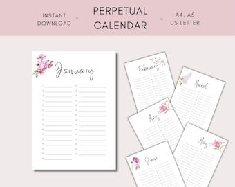 Perpetual Calendar | Birthday calendar | birthday tracker | printable calendar | A4, A5, US Letter size | PDF