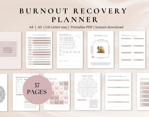 Burnout recovery bundle:  burnout journal, burnout planner, burnout worksheets | Stress Relief & Mental Health Support