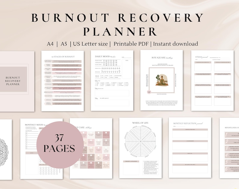 Burnout recovery planner | adhd burnout | burnout workbook | Stress relief | Mental health | anxiety journal | therapy worksheets | therapy tools | digital planner | digital download |  Printable planner | 
organization | 
adhd planner