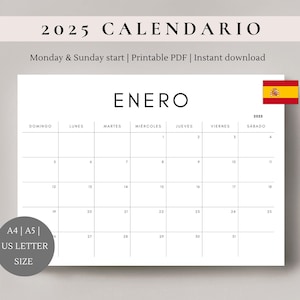 Calendario 2025 Español / Calendario 2025 Español / Inicio en domingo y lunes / Calendario imprimible / Planificador 2025 / Calendario Elegante