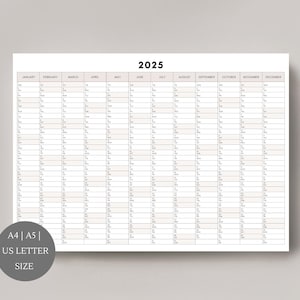 2025 Year Calendar |  Single page | 2025 planner | wall calendar | office calendar | Printable planner | year at a glance | project planner