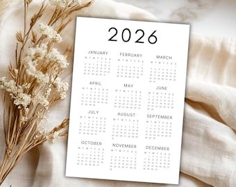 2026 Calendar | Single page | Monday & Sunday start | Full year calendar | 2026 planner | PDF