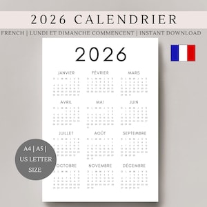 Calendário 2026 em francês | calendário minimalista | calendário anual | Página única | Planejador para impressão | A4, A5, tamanho carta dos EUA